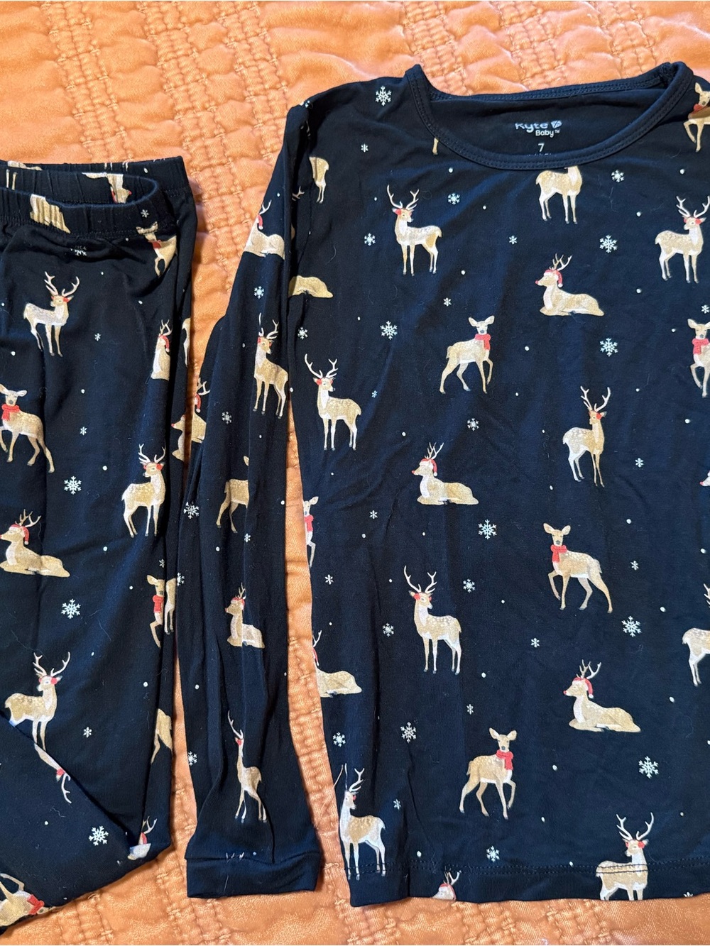 Kyte BABY Navy Reindeer Print Pajama Set with Gold and Red Accents